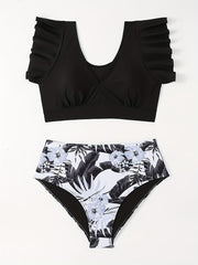 Vacay Tankini Set Women's Plus Solid Ruffle Sleeve V Neck Crop Top