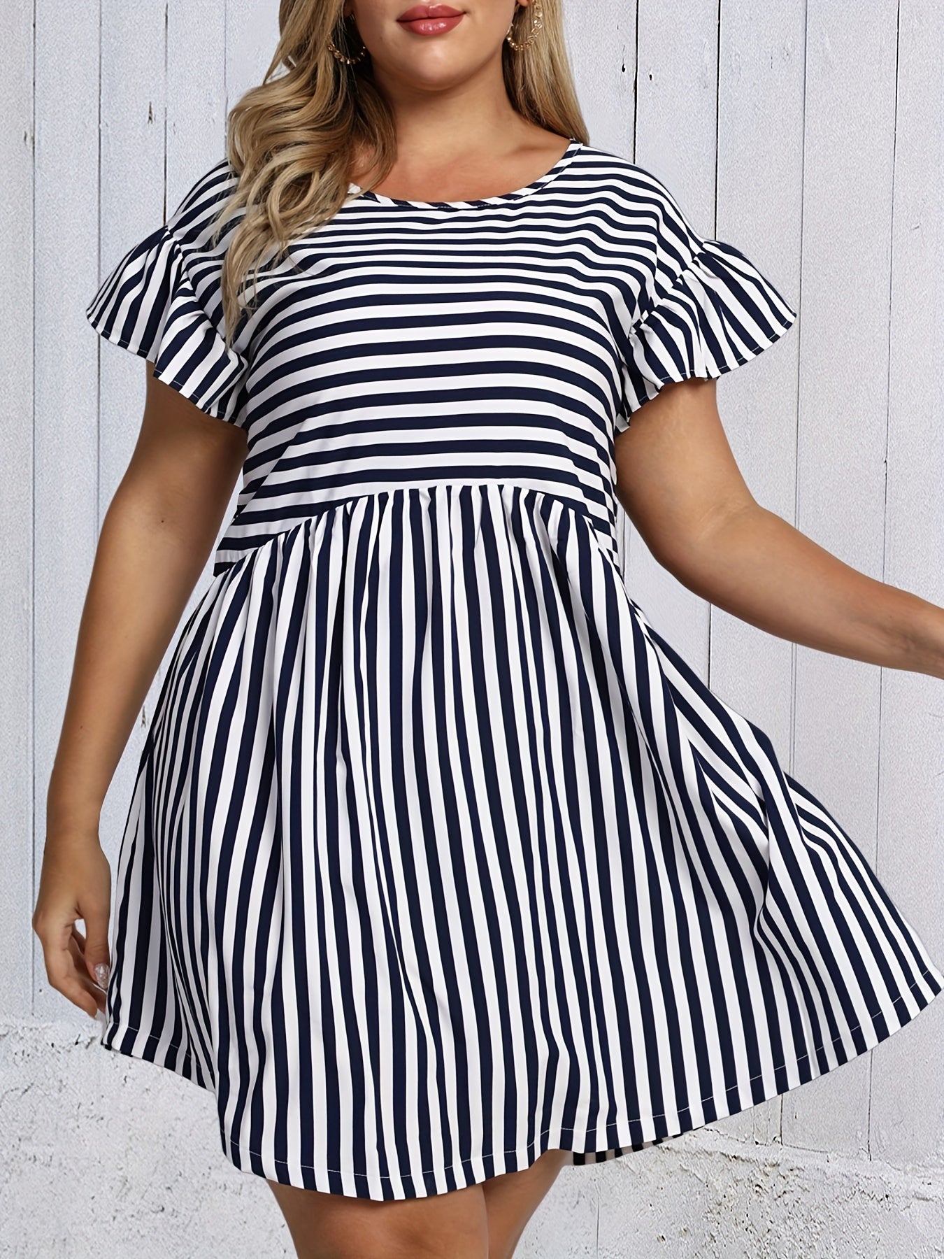  Stripe Print Ruffle Trim Mini Dress