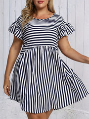  Stripe Print Ruffle Trim Mini Dress