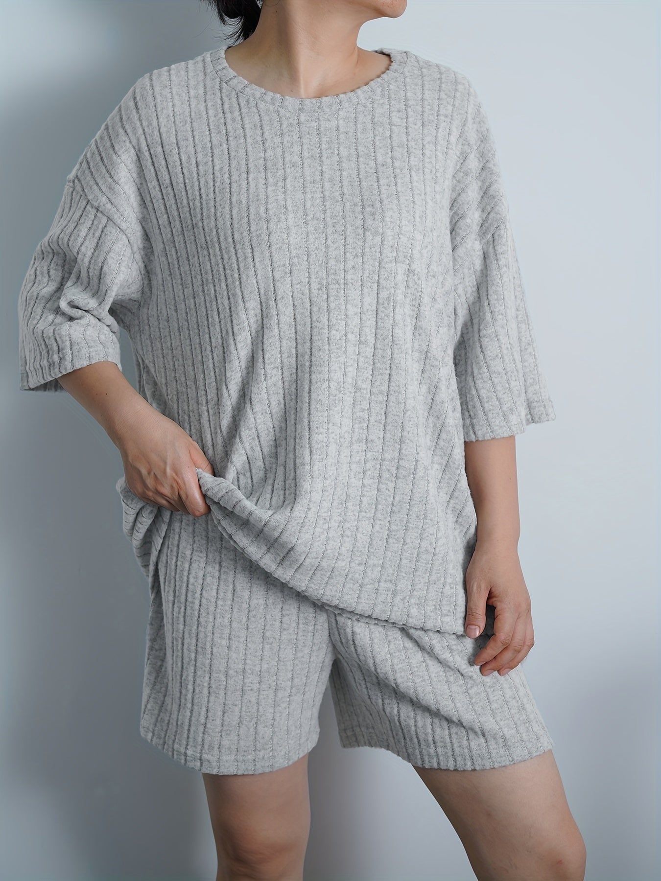 Ribbed Knit Sweater Set Short Sleeve Pullover & Short