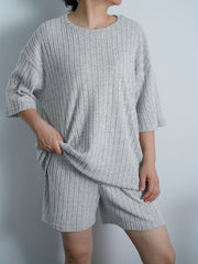  Ribbed Knit Sweater Set Short Sleeve Pullover & Short