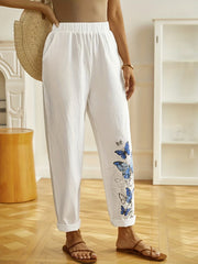  Butterfly Print Elastic Waist Pants With Pockets