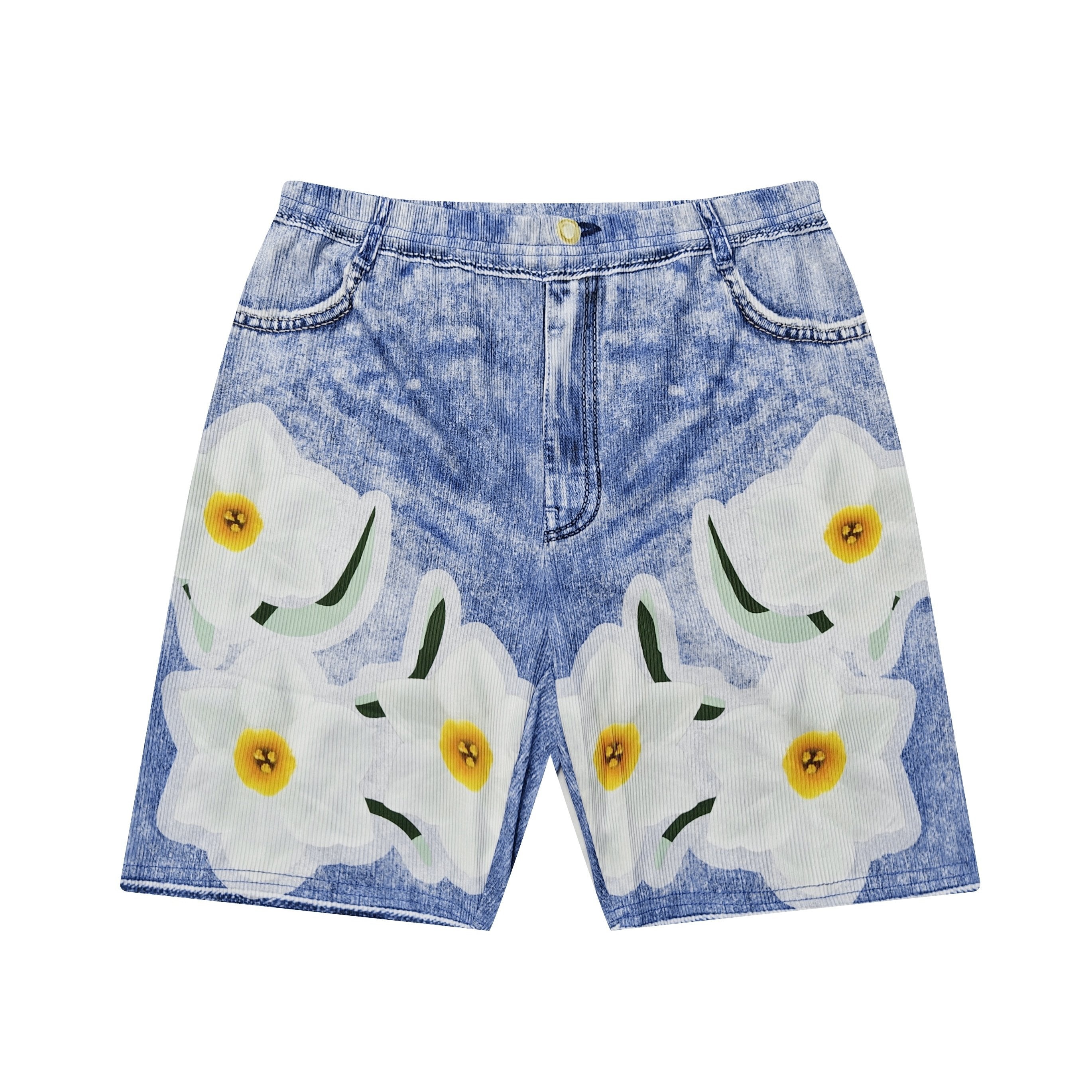 Flower Faux Denim Print Sports Shorts High Stretch