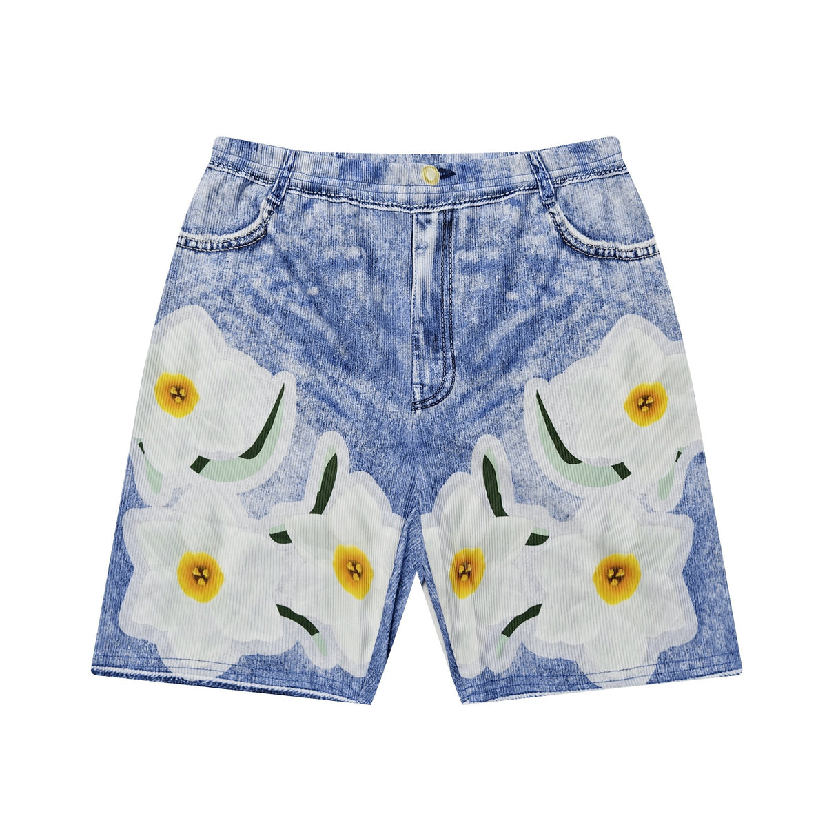 Flower Faux Denim Print Sports Shorts High Stretch