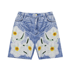 Flower Faux Denim Print Sports Shorts High Stretch