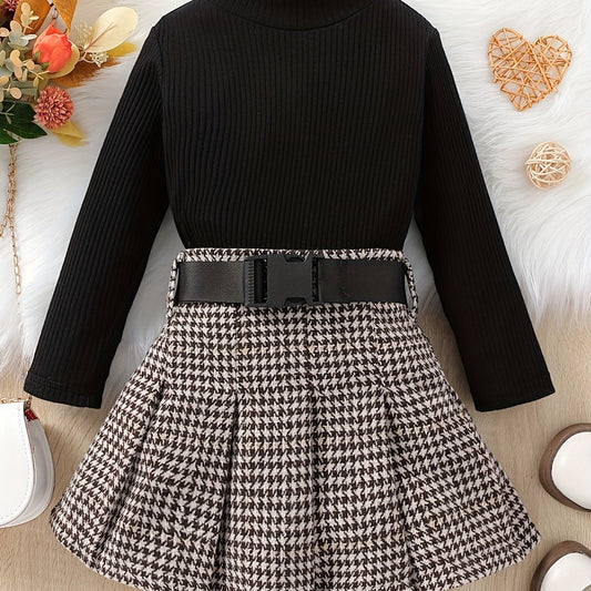 Girl's Ribbed Turtleneck Top & Houndstooth Pleated Skirt Set