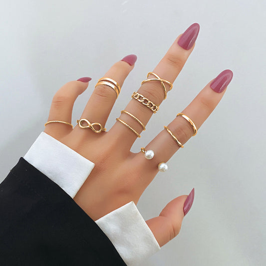 Geometric Cross Pearl Ring Set Women's Jewelry