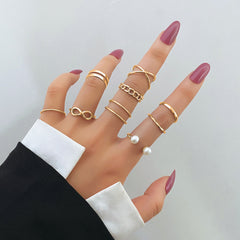 Geometric Cross Pearl Ring Set Women's Jewelry