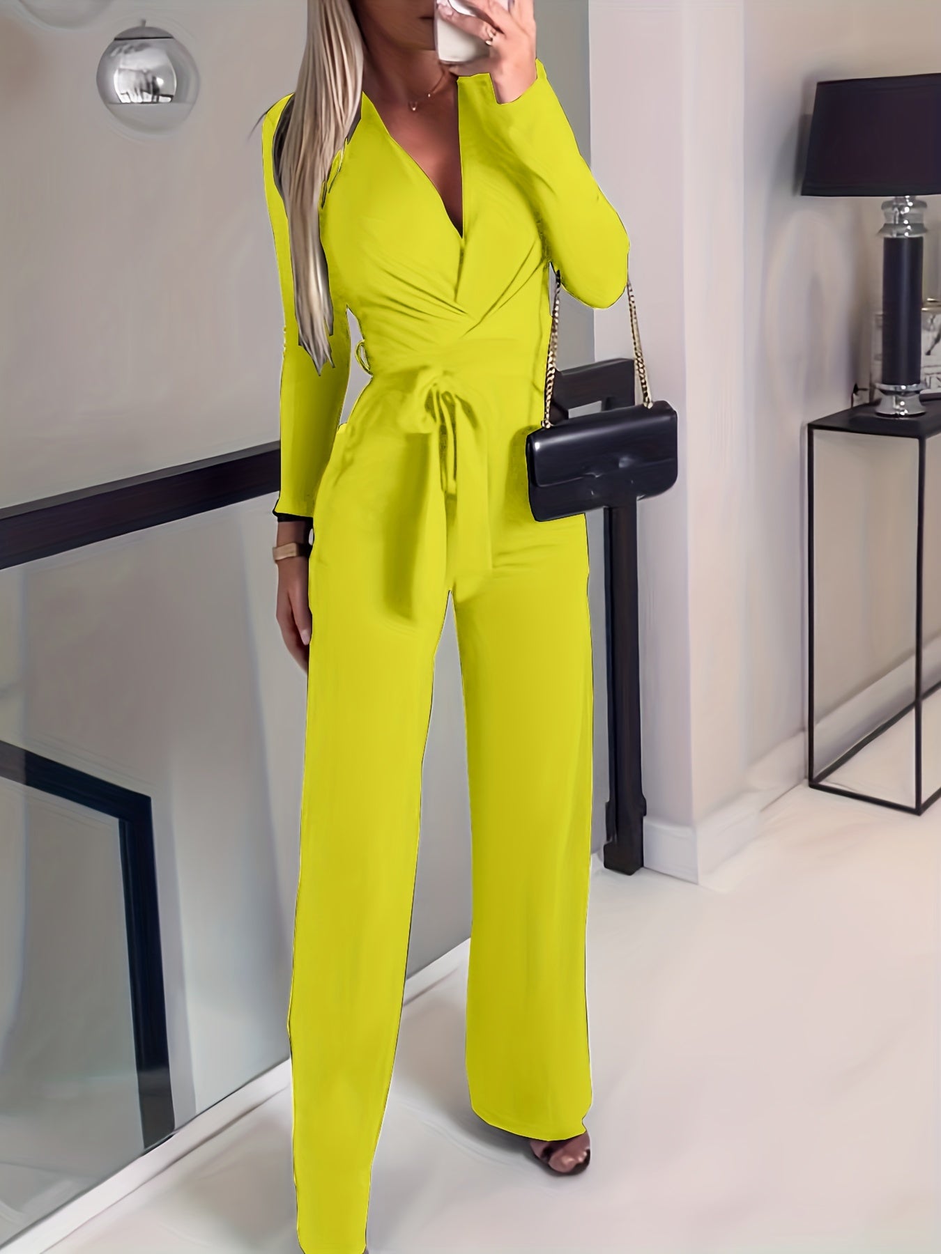 Wide Leg Belted Jumpsuit Long Sleeve V Neck Jumpsuit