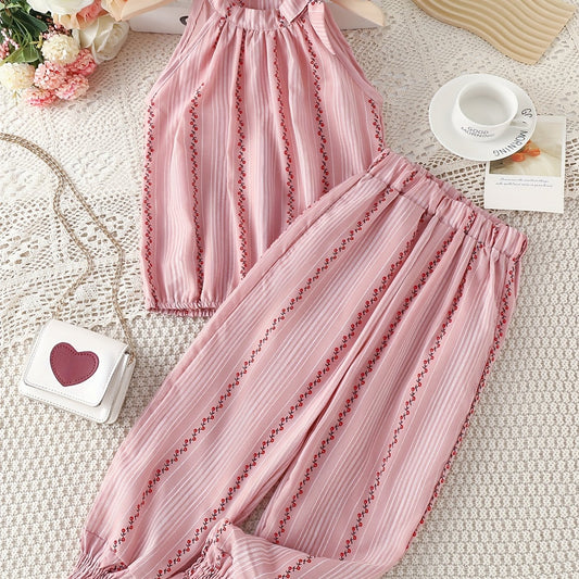 Girls' Floral Cotton Sleeveless Tank Top & Pants Set For Daily Outwear