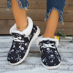 Women's Skull Pattern Fuzzy Canvas Shoes Slip On Low Top Plush Lined Snow Boots