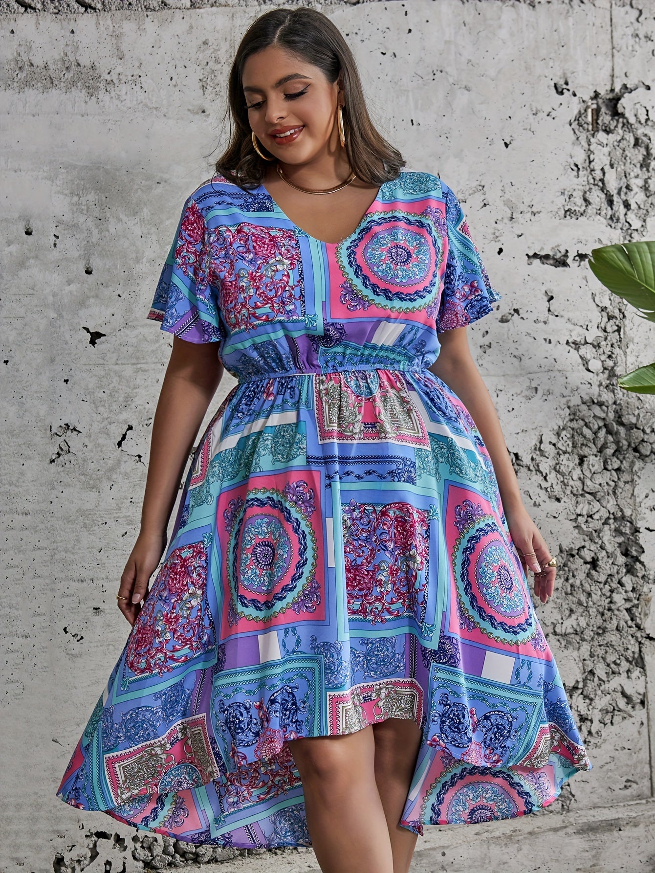  Colorblock Scarf Print V-Neck Stretch Dress