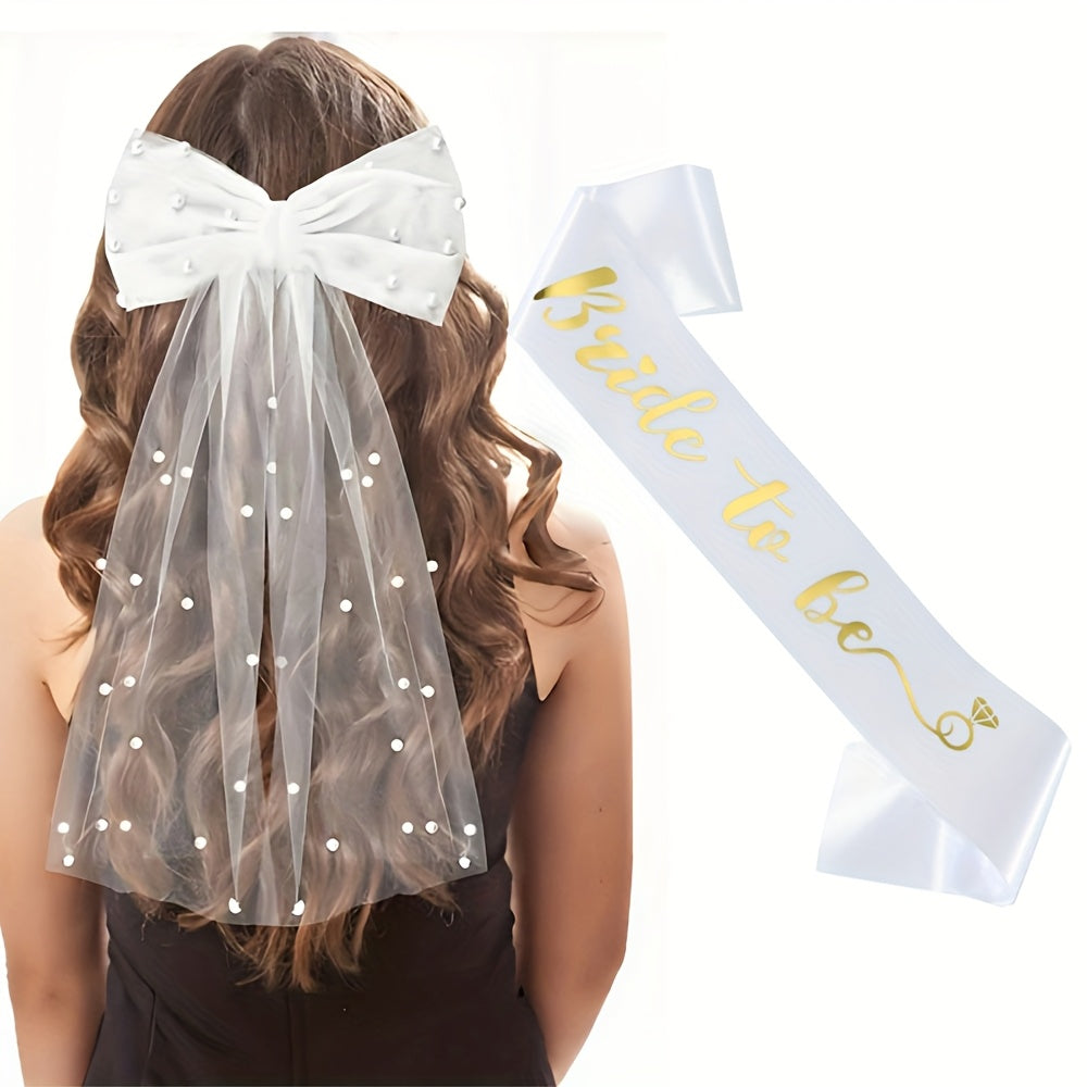 Pearl Bow & Tulle Ribbon Bridal Headpiece Set