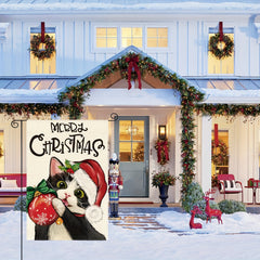 Tuxedo Cat Merry Christmas Garden Flag Double Sided Festive Holiday Yard Decor