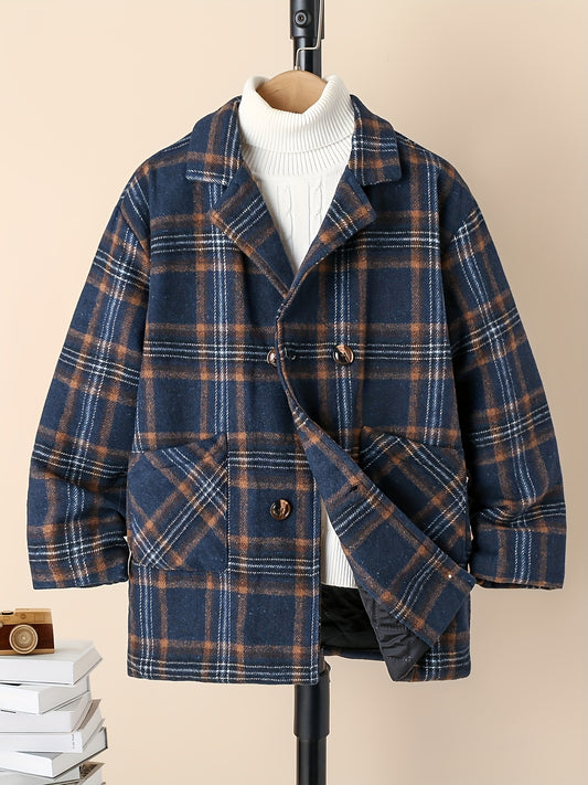 Boy's Plaid Fleece Jacket Button Up With Pockets