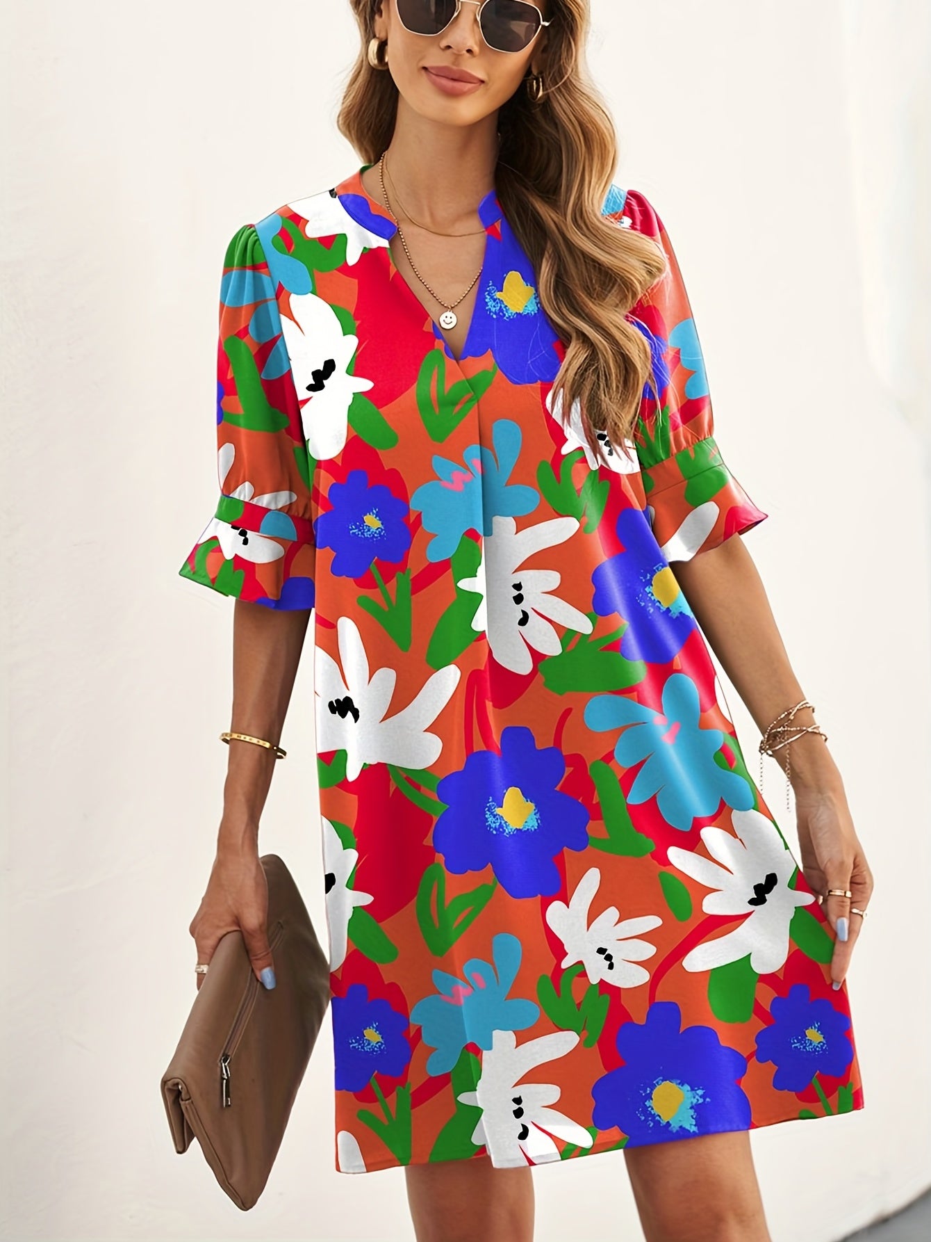  Floral Bell Sleeve Mini Dress