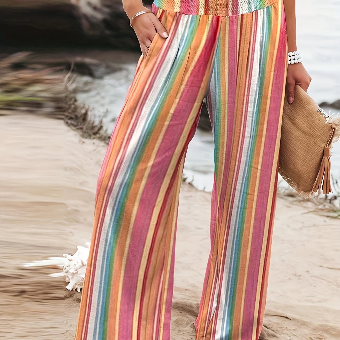  Boho Pants Women's Plus Colorblock Stripe Print Wide Leg Trousers