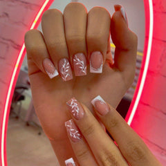 24pcs French Tip Press On Nails Leaves & Glitter Spring Summer Decor