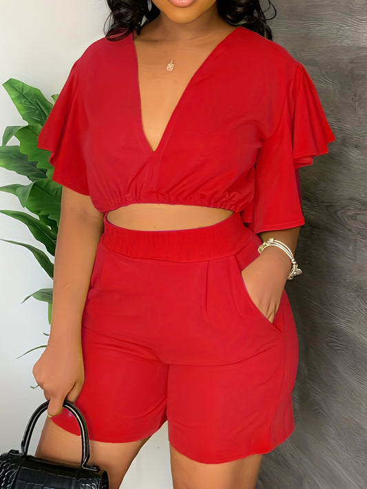  Solid Flutter Sleeve V Neck Crop Top & Shorts Set