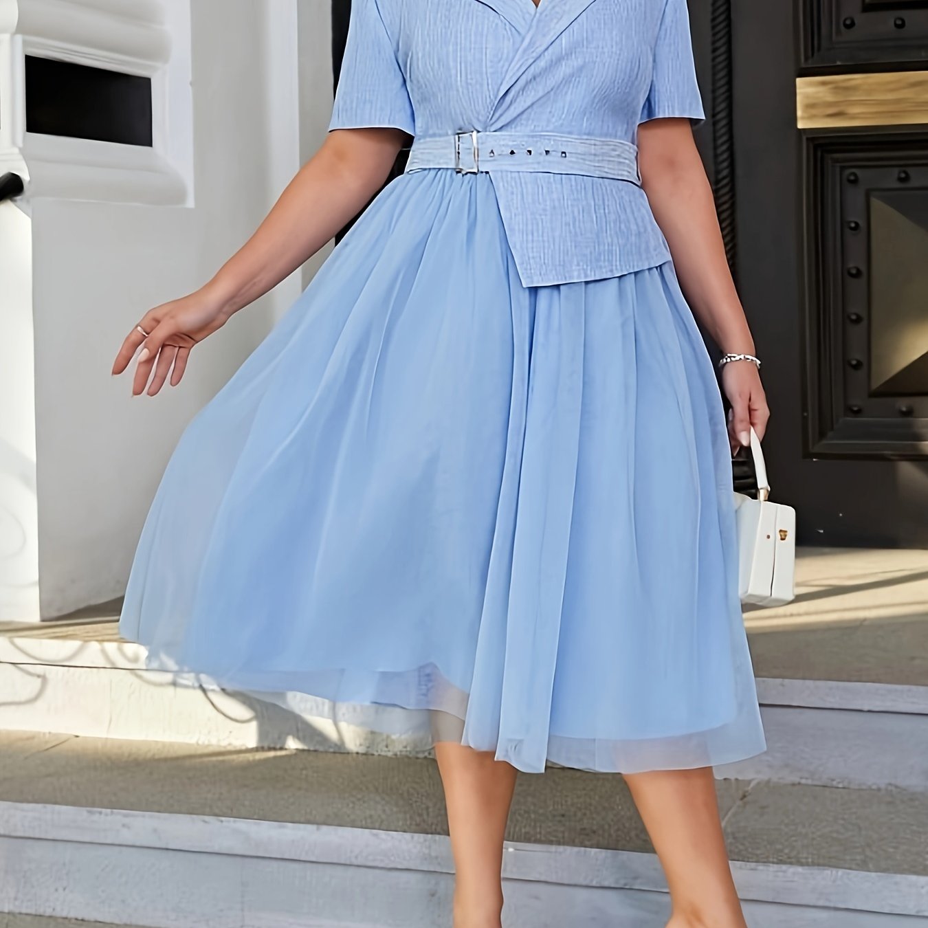  Mesh Sleeve Bridesmaid Dress with Belt