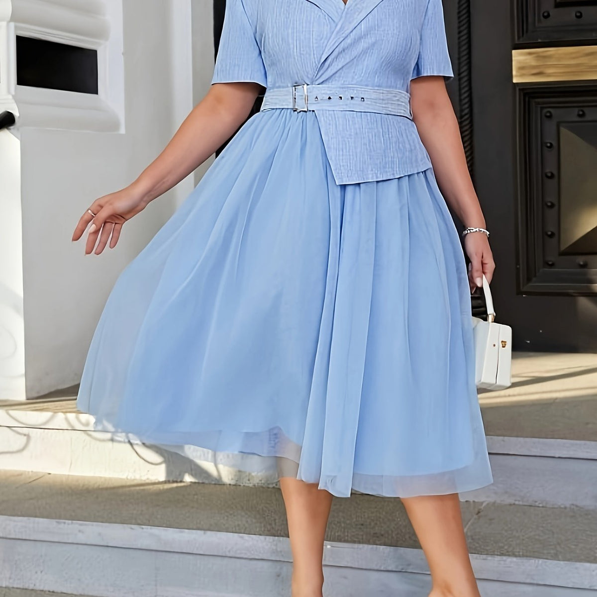  Mesh Sleeve Bridesmaid Dress with Belt