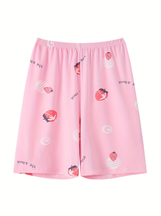  Women's Strawberry & Letter Print High Stretch Shorts