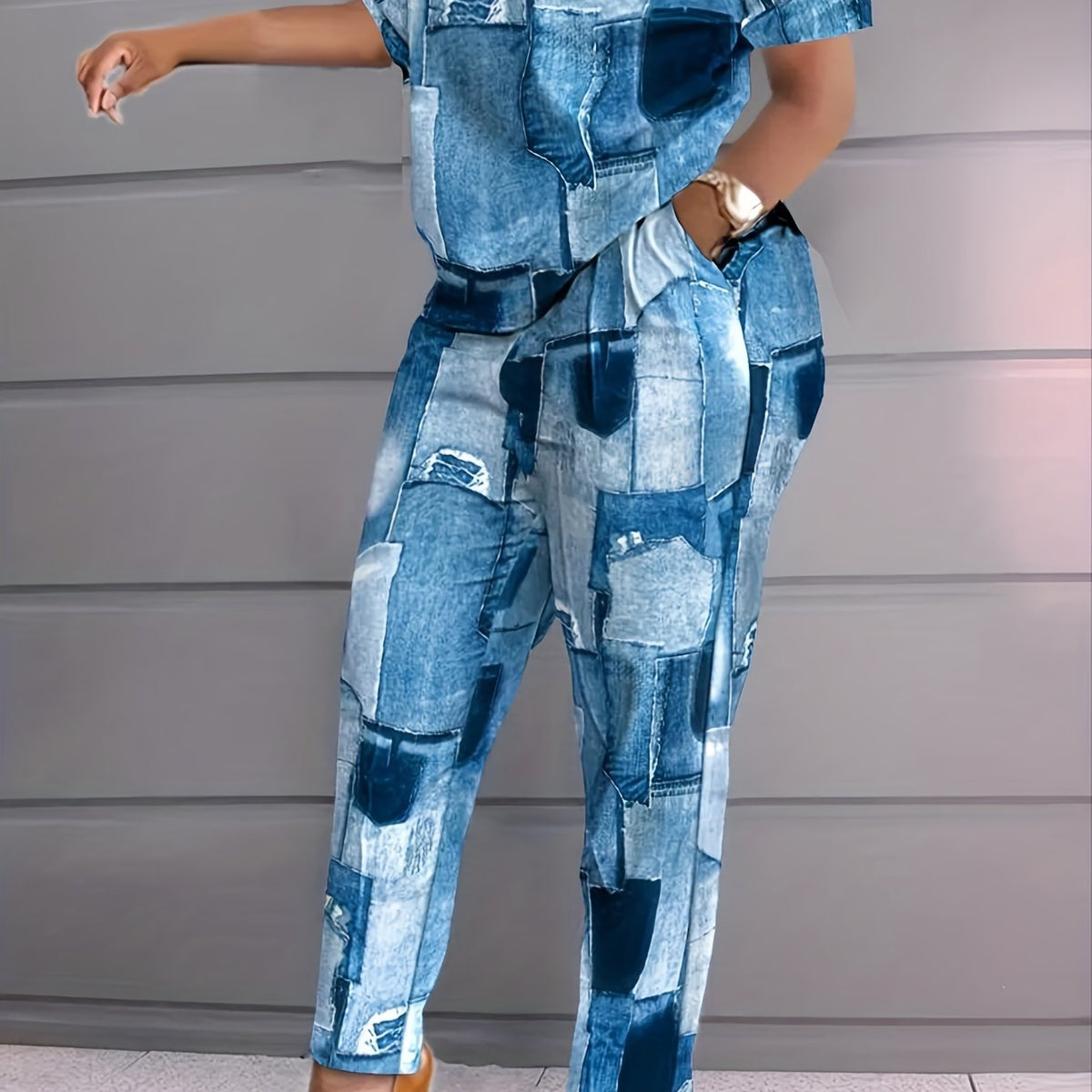 Denim Print Two Piece Set Short Sleeve T shirt & High Waist Pants Outfits