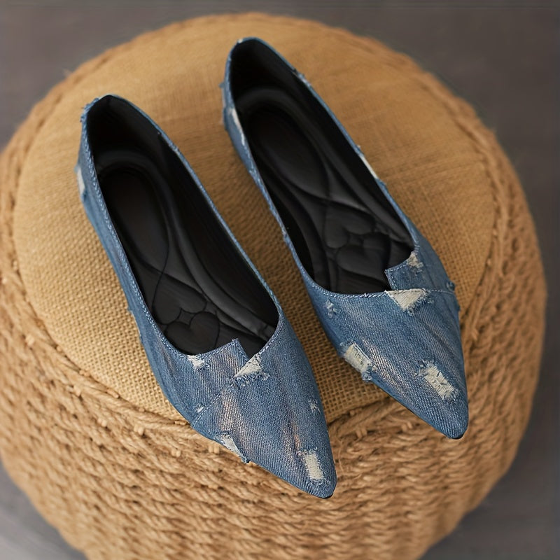 Women's Ripped Denim Flat Shoes Slip On Lightweight Walking Shoes