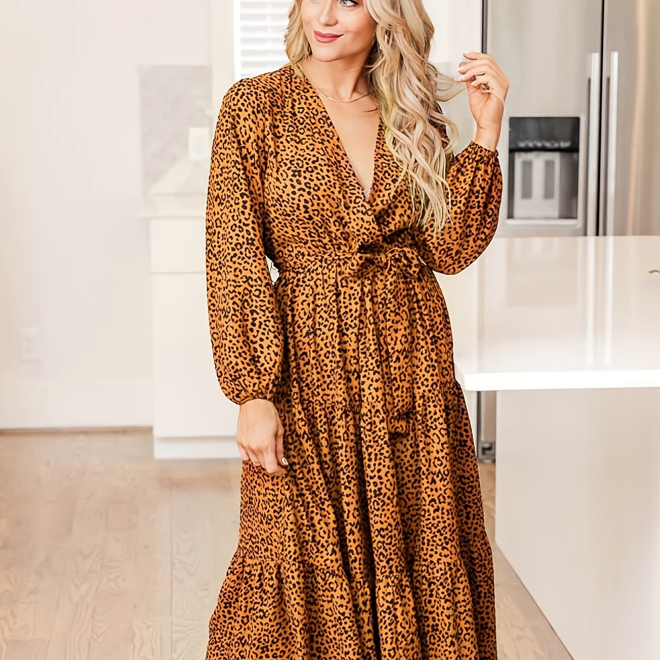  Leopard Print Lantern Sleeve Maxi Dress