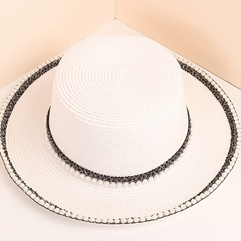 Faux Pearl Decor Sun Hat Flat Top Jazz Fedora Cap Women