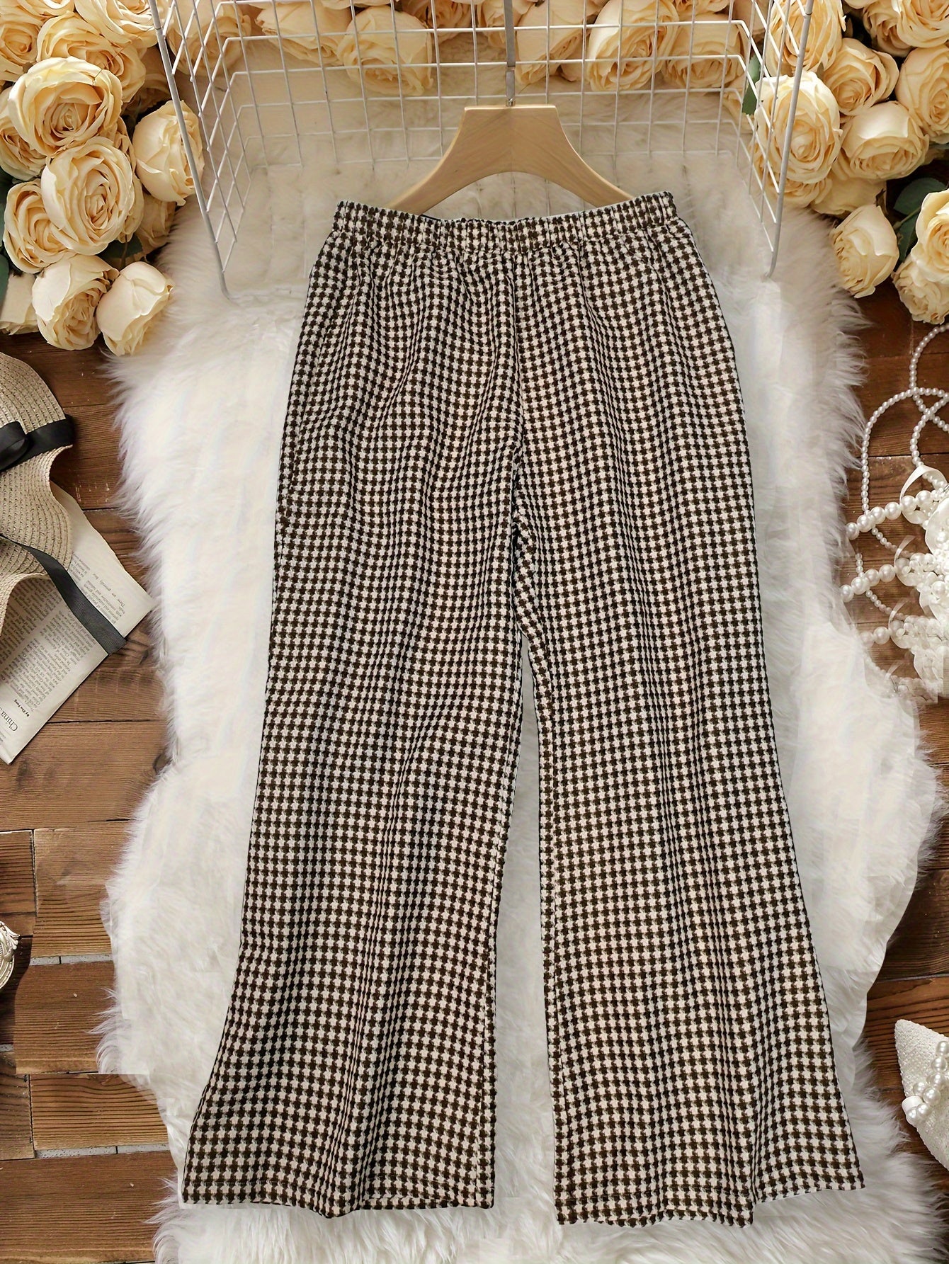  Houndstooth Print Shacket & Pants 2 Piece Set