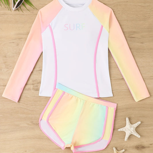 Tie Dye Swimwear Set 2pcs Girls Gradient Long Sleeve Top Shorts Set
