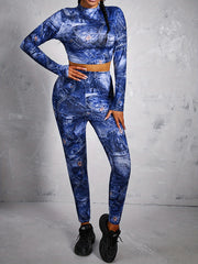  Denim Print Mock Neck Top & Leggings Set