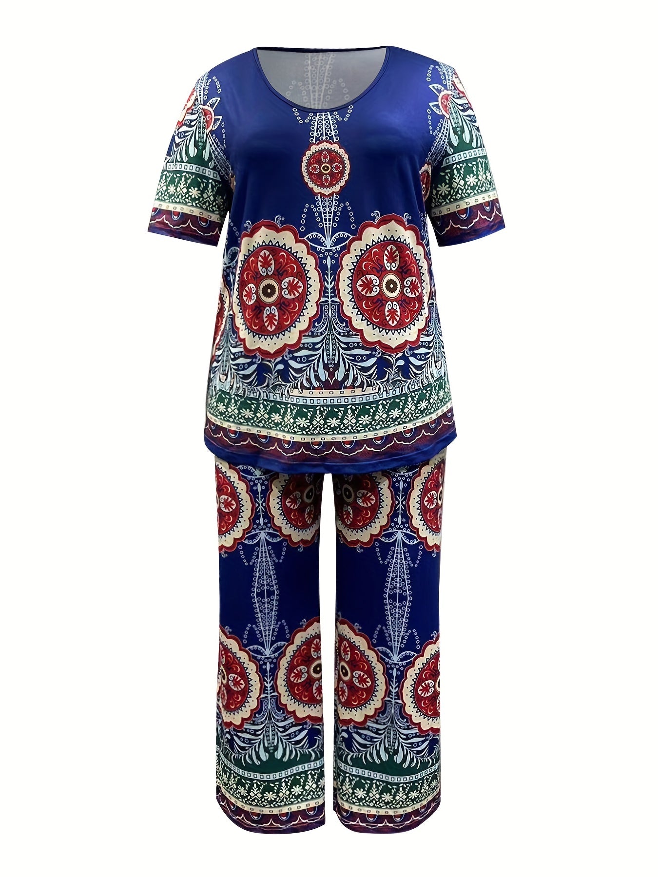  Boho Pants Women's Plus Floral & Geo Print Slight Stretch