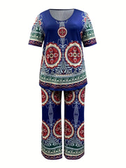  Boho Pants Women's Plus Floral & Geo Print Slight Stretch