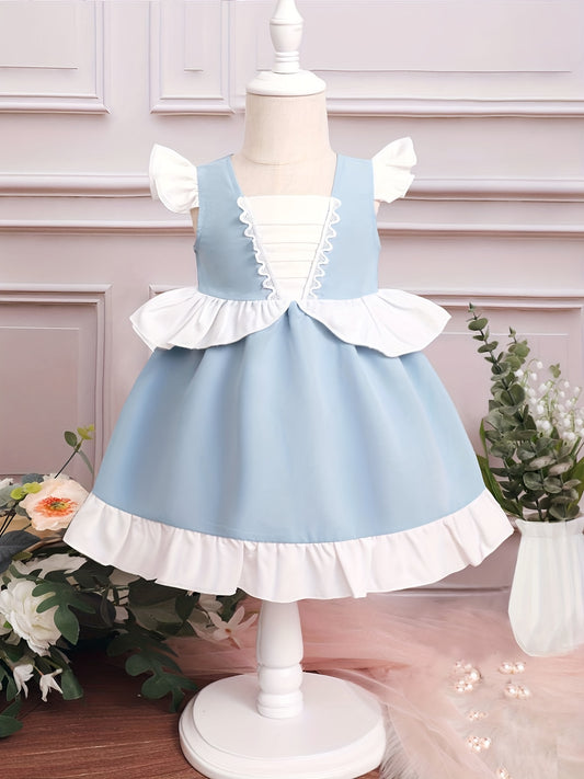 Block Ruffle Trim Little Girls Puffy Gown Dress for Party Wedding
