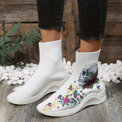 Women's Stretch Sock Boots Skull Rose Knit Ankle Boots Halloween Slip On