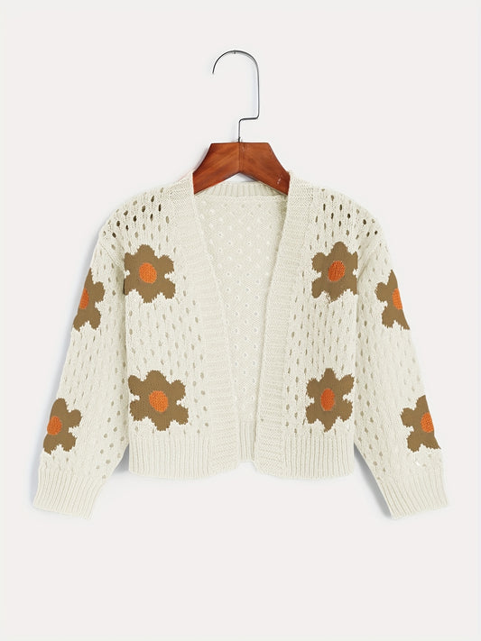 Girls Flower Jacquard Sweater Cardigan Long Sleeve Sweater Coat