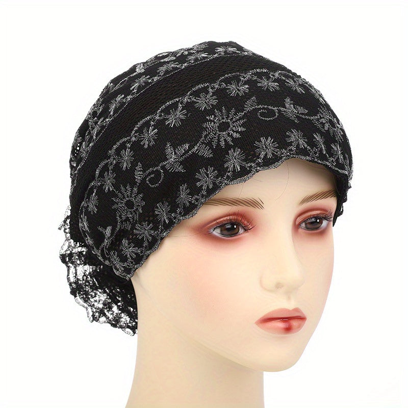 Floral Embroidery Lace Beanie Solid Turban Cap