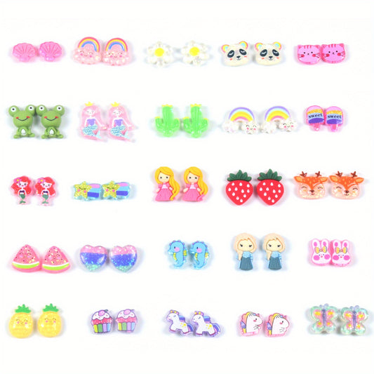 25 Pairs Hypoallergenic Cartoon Animal Earrings for Girls