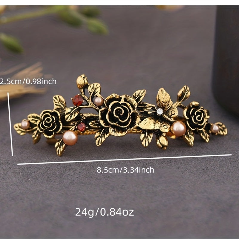 Vintage Metal Flower Hair Clip French Barrette with Faux Pearls