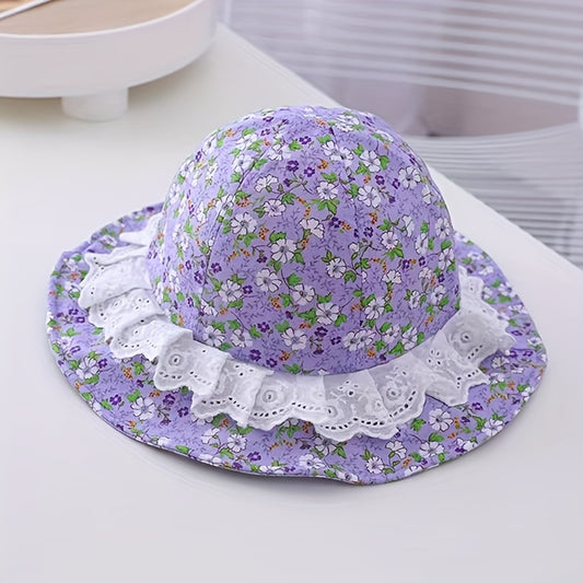 Kids Floral Lace Trim Bucket Hat With Windproof Rope