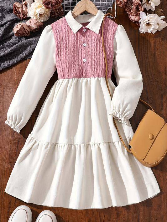 Girls' Colorblock Stitching Button Collar Long Sleeve Casual Dress