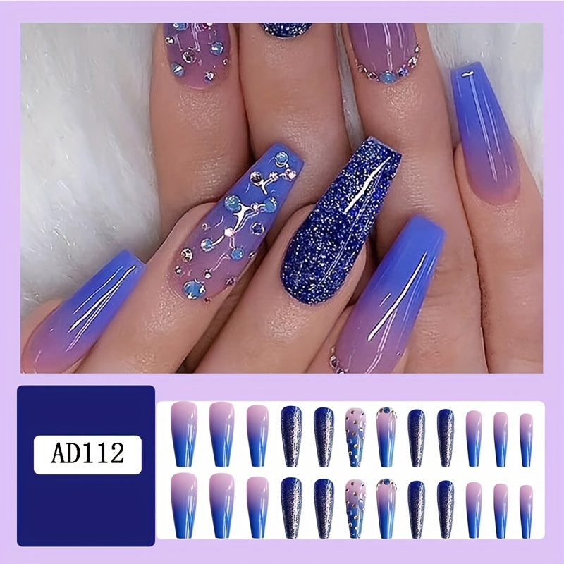 24pcs Ombre Glitter Coffin Nails with Rhinestones Press On