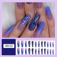 24pcs Ombre Glitter Coffin Nails with Rhinestones Press On