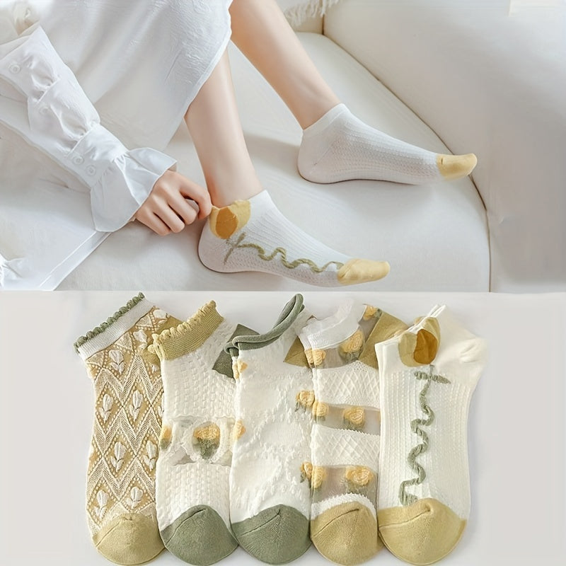 5 Pairs Floral Print Low Cut Ankle S Women Stockings Hosiery