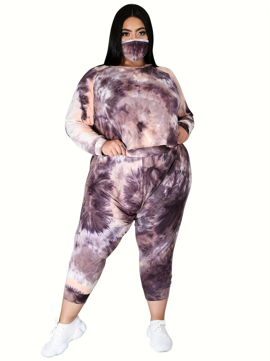 Women's Plus Tie Dye Long Sleeve Top & Pants Outfits 2 Piece Set