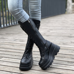 Women's Platform Wedge Heeled Mid Calf Boots Lace Up Punk Style