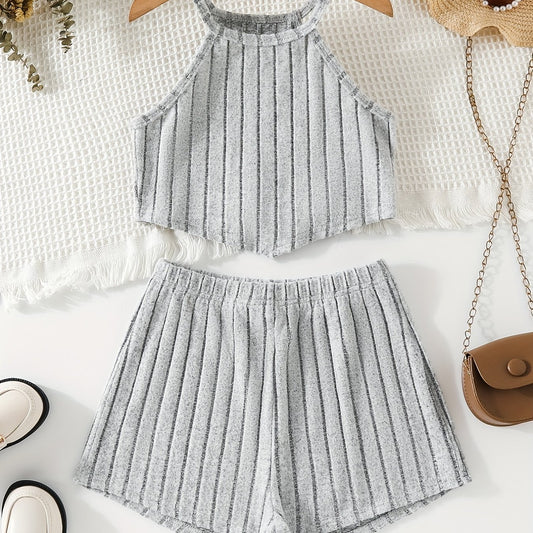 Girl's 2pcs Ribbed Halter Camisole & Elastic Waist Shorts Set