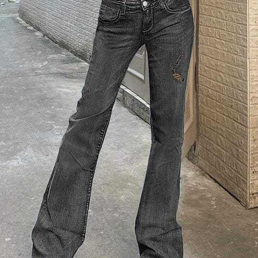 Dark Grey Ripped Holes Flared Jeans Bell Bottom Wide Legs Women's Denim Pants